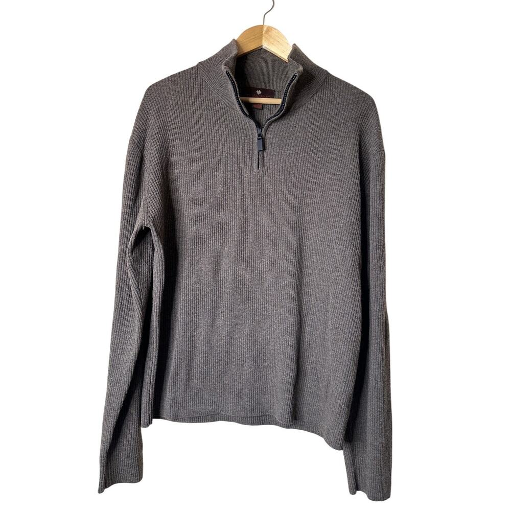 Men's Toscano Brown Ribbed Wool Blend Quarter Zip Pullover XL